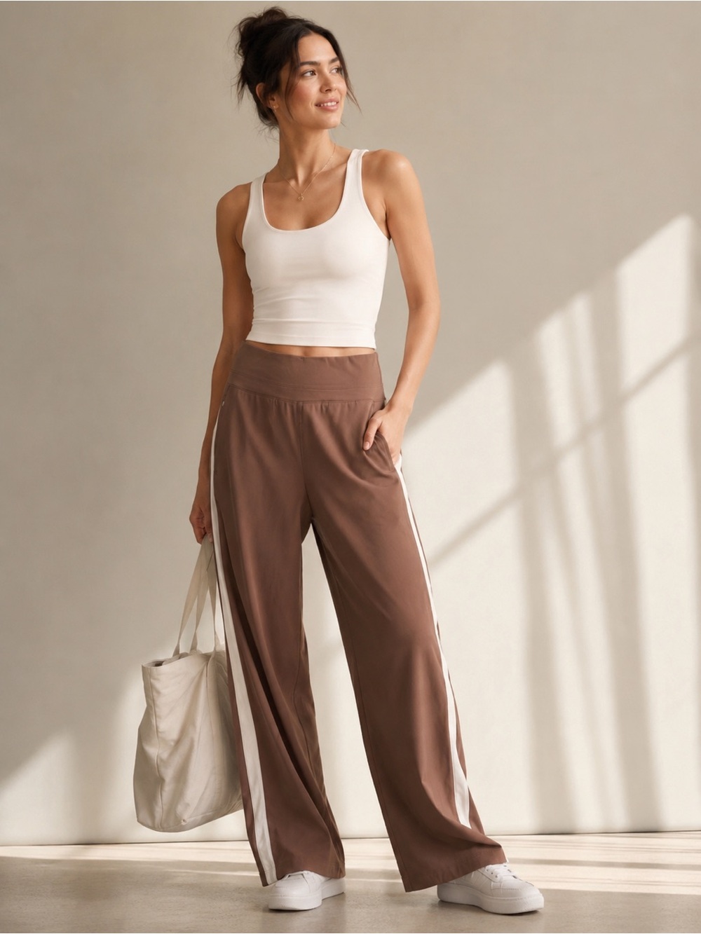 Athleta Brown / Camel Wide Leg Side Stripe Pants 1X Travel Athletic